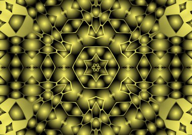 Dijital illüstrasyon, geometrik soyut renkli kaleydoskop simetrik desen ve gradyan etkisi. Klasik güzel dekoratif sarı arkaplan