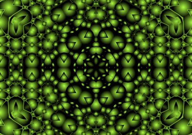 Dijital illüstrasyon, geometrik soyut renkli kaleydoskop simetrik desen ve gradyan etkisi. Klasik güzel dekoratif yeşil arkaplan