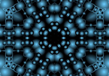 Dijital illüstrasyon, geometrik soyut renkli kaleydoskop simetrik desen ve gradyan etkisi. Klasik güzel dekoratif mavi arkaplan