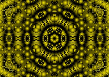 Dijital illüstrasyon, geometrik soyut renkli kaleydoskop simetrik desen ve gradyan etkisi. Klasik güzel dekoratif sarı arkaplan