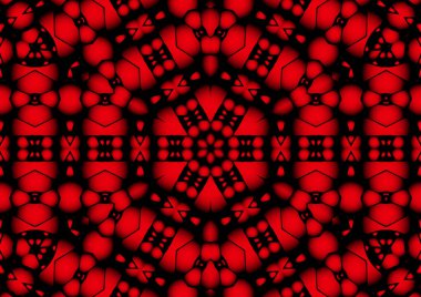 Dijital illüstrasyon, geometrik soyut renkli kaleydoskop simetrik desen ve gradyan etkisi. Klasik güzel dekoratif kırmızı arkaplan