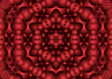 Dijital illüstrasyon, geometrik soyut renkli kaleydoskop simetrik desen ve gradyan etkisi. Klasik güzel dekoratif kırmızı arkaplan