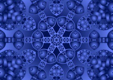 Dijital illüstrasyon, geometrik soyut renkli kaleydoskop simetrik desen ve gradyan etkisi. Klasik güzel dekoratif mavi arkaplan