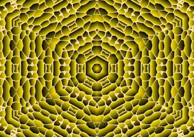 Dijital illüstrasyon, geometrik soyut renkli kaleydoskop simetrik desen ve gradyan etkisi. Klasik güzel dekoratif sarı arkaplan