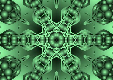 Dijital illüstrasyon, geometrik soyut renkli kaleydoskop simetrik desen ve gradyan etkisi. Klasik güzel dekoratif yeşil arkaplan