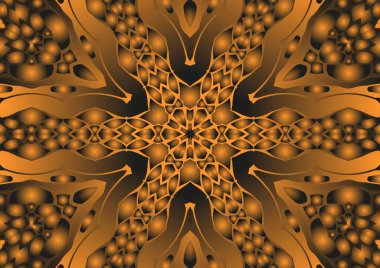 Dijital illüstrasyon, geometrik soyut renkli kaleydoskop simetrik desen ve gradyan etkisi. Klasik güzel dekoratif turuncu arka plan