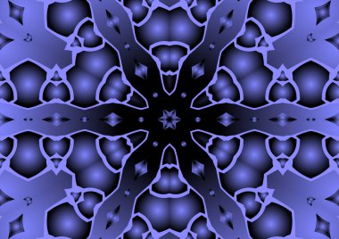 Dijital illüstrasyon, geometrik soyut renkli kaleydoskop simetrik desen ve gradyan etkisi. Klasik güzel dekoratif mavi arkaplan