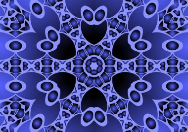 Dijital illüstrasyon, geometrik soyut renkli kaleydoskop simetrik desen ve gradyan etkisi. Klasik güzel dekoratif mavi arkaplan