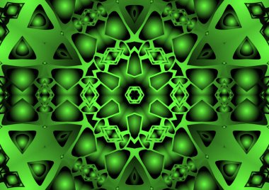 Dijital illüstrasyon, geometrik soyut renkli kaleydoskop simetrik desen ve gradyan etkisi. Klasik güzel dekoratif yeşil arkaplan