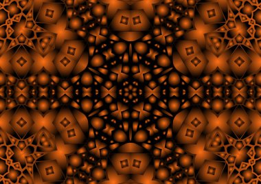 Dijital illüstrasyon, geometrik soyut renkli kaleydoskop simetrik desen ve gradyan etkisi. Klasik güzel dekoratif turuncu arka plan