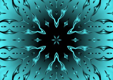 Dijital illüstrasyon, geometrik soyut renkli kaleydoskop simetrik desen ve gradyan etkisi. Klasik güzel dekoratif mavi arkaplan