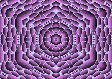 Dijital illüstrasyon, geometrik soyut renkli kaleydoskop simetrik desen ve gradyan etkisi. Klasik güzel dekoratif pembe arkaplan