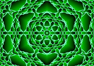 Dijital illüstrasyon, geometrik soyut renkli kaleydoskop simetrik desen ve gradyan etkisi. Klasik güzel dekoratif yeşil arkaplan