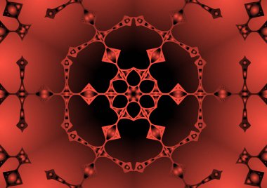 Dijital illüstrasyon, geometrik soyut renkli kaleydoskop simetrik desen ve gradyan etkisi. Klasik güzel dekoratif kırmızı arkaplan