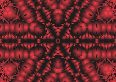 Dijital illüstrasyon, geometrik soyut renkli kaleydoskop simetrik desen ve gradyan etkisi. Klasik güzel dekoratif kırmızı arkaplan