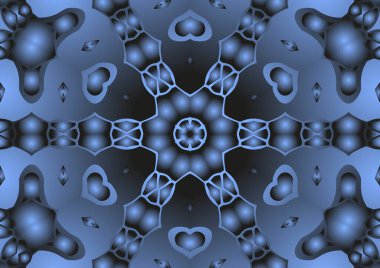 Dijital illüstrasyon, geometrik soyut renkli kaleydoskop simetrik desen ve gradyan etkisi. Klasik güzel dekoratif mavi arkaplan
