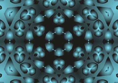 Dijital illüstrasyon, geometrik soyut renkli kaleydoskop simetrik desen ve gradyan etkisi. Klasik güzel dekoratif mavi arkaplan