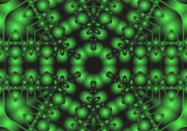 Dijital illüstrasyon, geometrik soyut renkli kaleydoskop simetrik desen ve gradyan etkisi. Klasik güzel dekoratif yeşil arkaplan