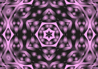 Dijital illüstrasyon, geometrik soyut renkli kaleydoskop simetrik desen ve gradyan etkisi. Klasik güzel dekoratif pembe arkaplan