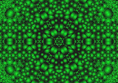 Dijital illüstrasyon, geometrik soyut renkli kaleydoskop simetrik desen ve gradyan etkisi. Klasik güzel dekoratif yeşil arkaplan
