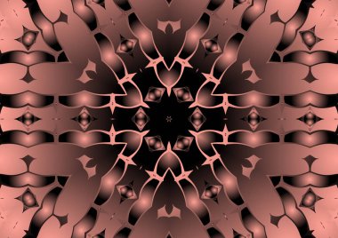 Dijital illüstrasyon, geometrik soyut renkli kaleydoskop simetrik desen ve gradyan etkisi. Klasik güzel dekoratif pembe arkaplan
