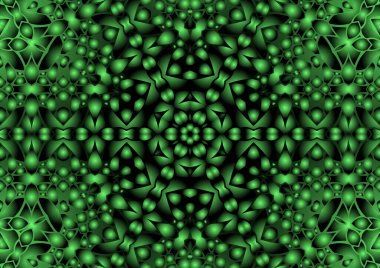 Dijital illüstrasyon, geometrik soyut renkli kaleydoskop simetrik desen ve gradyan etkisi. Klasik güzel dekoratif yeşil arkaplan