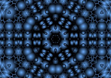 Dijital illüstrasyon, geometrik soyut renkli kaleydoskop simetrik desen ve gradyan etkisi. Klasik güzel dekoratif mavi arkaplan