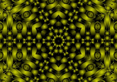 Dijital illüstrasyon, geometrik soyut renkli kaleydoskop simetrik desen ve gradyan etkisi. Klasik güzel dekoratif sarı arkaplan