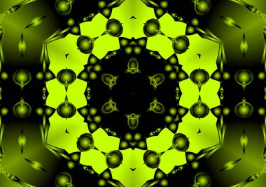 Dijital illüstrasyon, geometrik soyut renkli kaleydoskop simetrik desen ve gradyan etkisi. Klasik güzel dekoratif sarı arkaplan