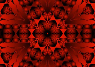 Dijital illüstrasyon, geometrik soyut renkli kaleydoskop simetrik desen ve gradyan etkisi. Klasik güzel dekoratif kırmızı arkaplan