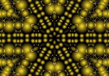 Dijital illüstrasyon, geometrik soyut renkli kaleydoskop simetrik desen ve gradyan etkisi. Klasik güzel dekoratif sarı arkaplan