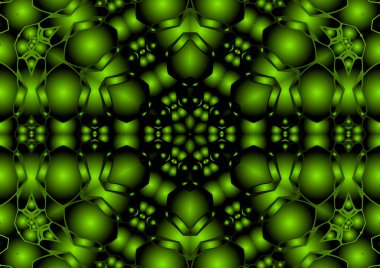 Dijital illüstrasyon, geometrik soyut renkli kaleydoskop simetrik desen ve gradyan etkisi. Klasik güzel dekoratif yeşil arkaplan