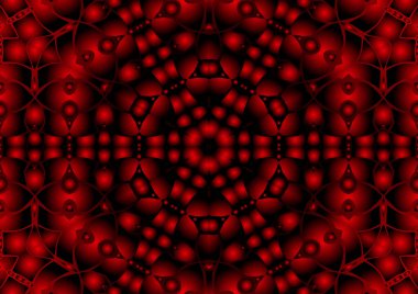Dijital illüstrasyon, geometrik soyut renkli kaleydoskop simetrik desen ve gradyan etkisi. Klasik güzel dekoratif kırmızı arkaplan