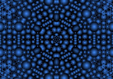 Dijital illüstrasyon, geometrik soyut renkli kaleydoskop simetrik desen ve gradyan etkisi. Klasik güzel dekoratif mavi arkaplan