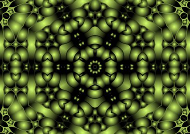 Dijital illüstrasyon, geometrik soyut renkli kaleydoskop simetrik desen ve gradyan etkisi. Klasik güzel dekoratif sarı arkaplan