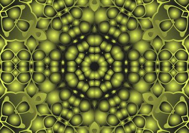 Dijital illüstrasyon, geometrik soyut renkli kaleydoskop simetrik desen ve gradyan etkisi. Klasik güzel dekoratif sarı arkaplan