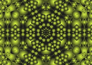 Dijital illüstrasyon, geometrik soyut renkli kaleydoskop simetrik desen ve gradyan etkisi. Klasik güzel dekoratif sarı arkaplan