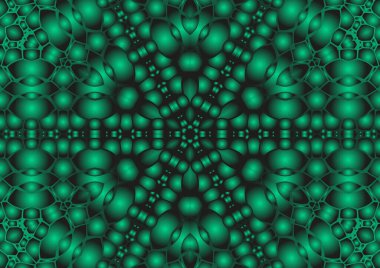 Dijital illüstrasyon, geometrik soyut renkli kaleydoskop simetrik desen ve gradyan etkisi. Klasik güzel dekoratif yeşil arkaplan