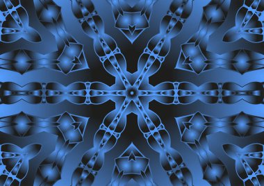 Dijital illüstrasyon, geometrik soyut renkli kaleydoskop simetrik desen ve gradyan etkisi. Klasik güzel dekoratif mavi arkaplan