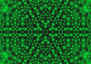 Dijital illüstrasyon, geometrik soyut renkli kaleydoskop simetrik desen ve gradyan etkisi. Klasik güzel dekoratif yeşil arkaplan