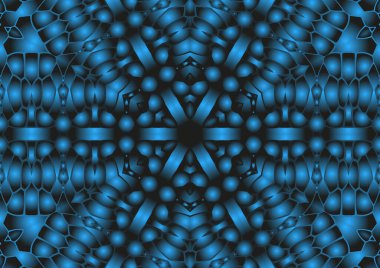 Dijital illüstrasyon, geometrik soyut renkli kaleydoskop simetrik desen ve gradyan etkisi. Klasik güzel dekoratif mavi arkaplan