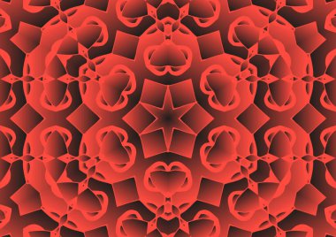 Dijital illüstrasyon, geometrik soyut renkli kaleydoskop simetrik desen ve gradyan etkisi. Klasik güzel dekoratif kırmızı arkaplan