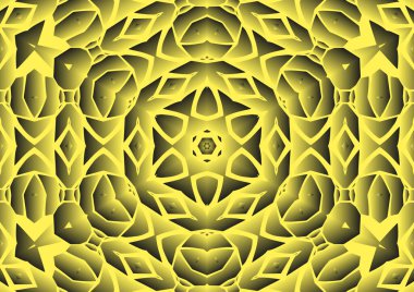 Dijital illüstrasyon, geometrik soyut renkli kaleydoskop simetrik desen ve gradyan etkisi. Klasik güzel dekoratif sarı arkaplan