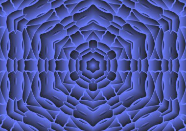 Dijital illüstrasyon, geometrik soyut renkli kaleydoskop simetrik desen ve gradyan etkisi. Klasik güzel dekoratif mavi arkaplan