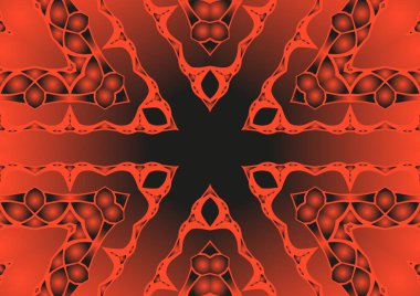 Dijital illüstrasyon, geometrik soyut renkli kaleydoskop simetrik desen ve gradyan etkisi. Klasik güzel dekoratif kırmızı arkaplan