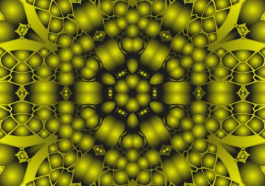 Dijital illüstrasyon, geometrik soyut renkli kaleydoskop simetrik desen ve gradyan etkisi. Klasik güzel dekoratif sarı arkaplan