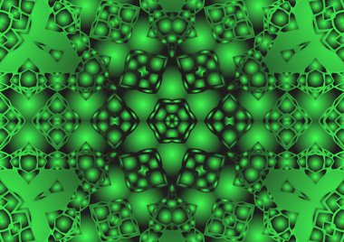 Dijital illüstrasyon, geometrik soyut renkli kaleydoskop simetrik desen ve gradyan etkisi. Klasik güzel dekoratif yeşil arkaplan