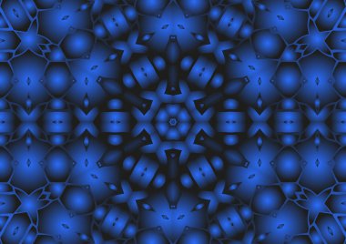 Dijital illüstrasyon, geometrik soyut renkli kaleydoskop simetrik desen ve gradyan etkisi. Klasik güzel dekoratif mavi arkaplan