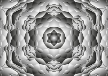 Dijital illüstrasyon, geometrik soyut kaleydoskop simetrik desen ve gradyan etkisi. Klasik güzel dekoratif arkaplan