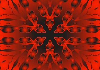 Dijital illüstrasyon, geometrik soyut renkli kaleydoskop simetrik desen ve gradyan etkisi. Klasik güzel dekoratif kırmızı arkaplan